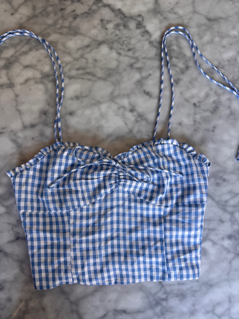 Blue White Gingham Ruched Tank Top Women's
